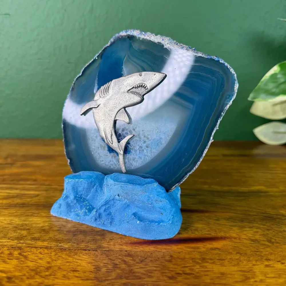 Blue Agate Geode Slice Crystal Candle Holder with Shark Display